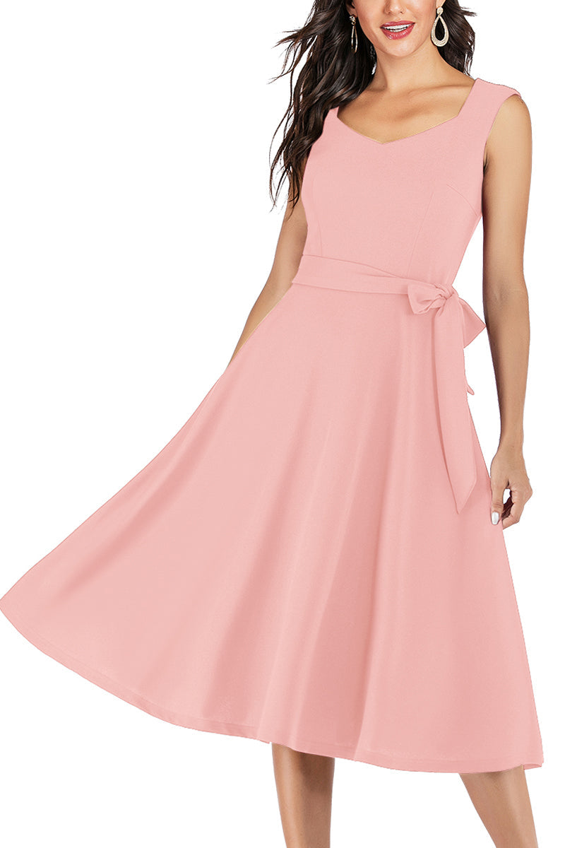 Pink V Neck Vintage Dress