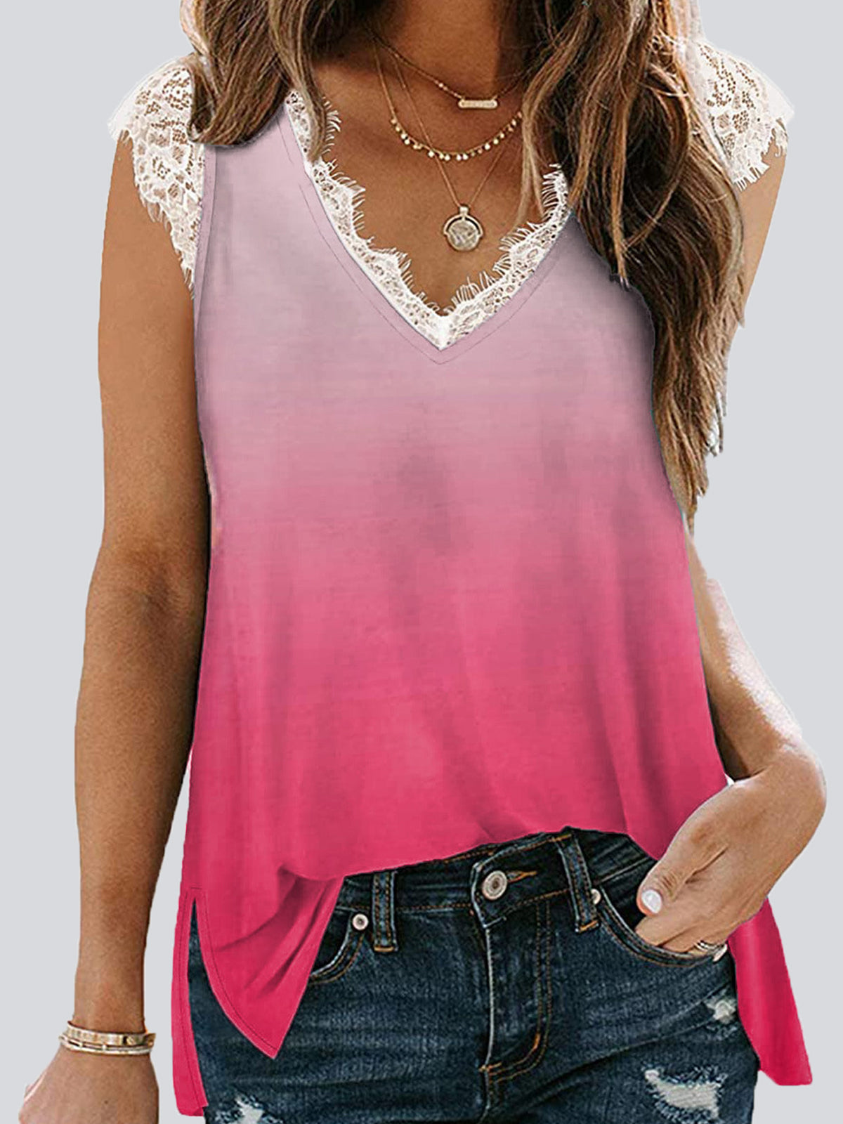 Casual Gradient Color  V Neck Sleeveless Tank Top