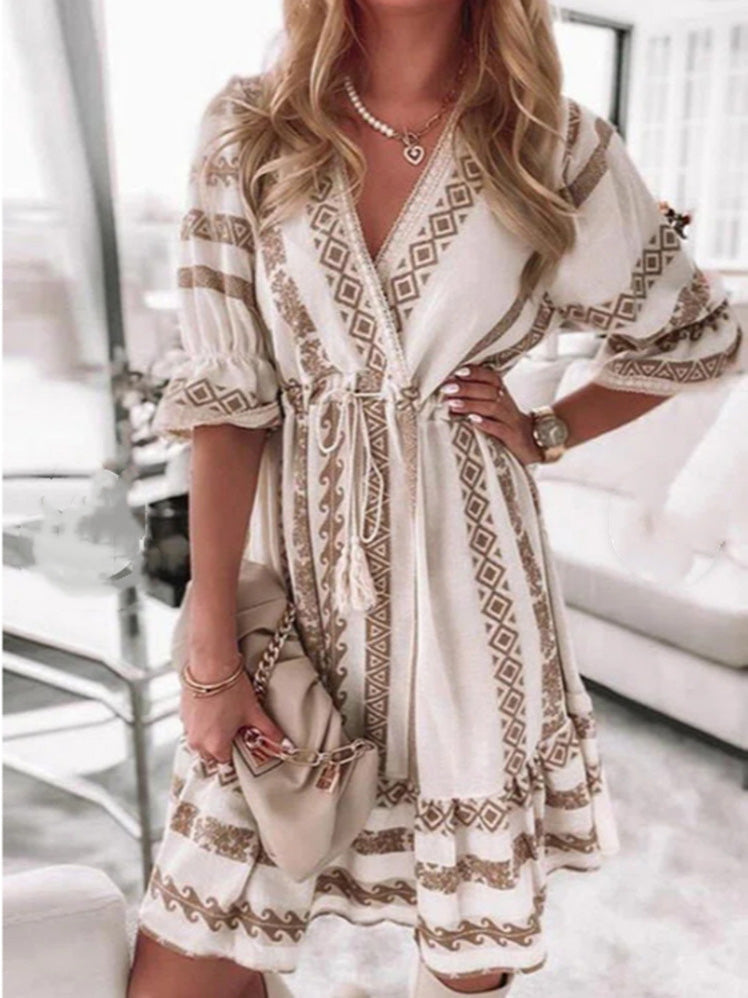 Women's Dresses Printed V-Neck Belted Mid-Sleeve Dress