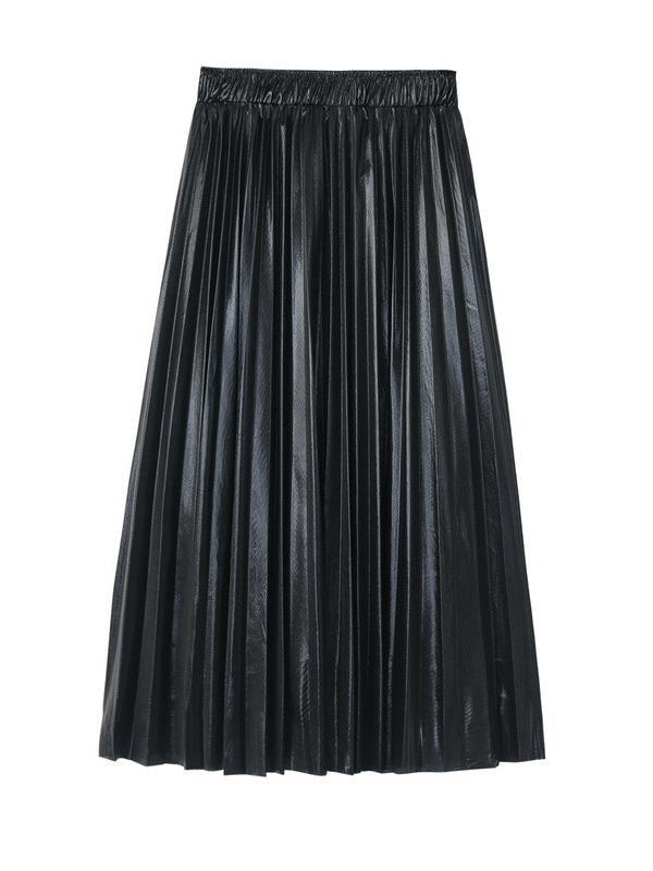 Metallic Reflective Fabric Midi Pleated Skirt
