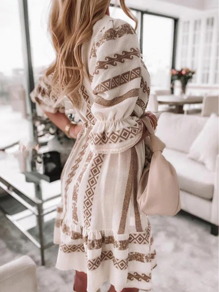 Women's Dresses Printed V-Neck Belted Mid-Sleeve Dress