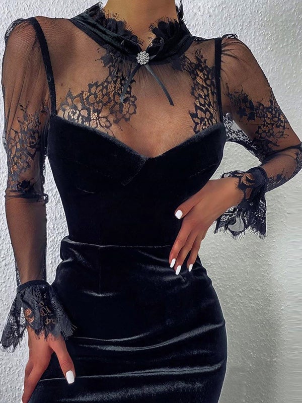 Women's Dresses Suede Stitching Mesh Long Sleeve Dress