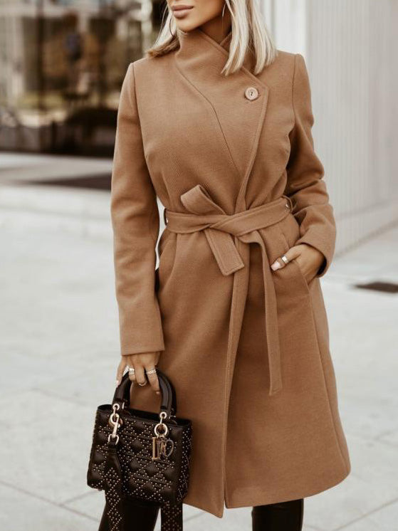 Women's Coats Fashion Belted Long Sleeve Long Woolen Coat