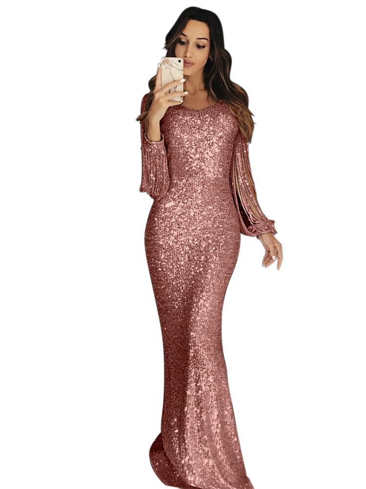 Prom Dress For Women Long Sleeve Fringed Slim Maxi Dress