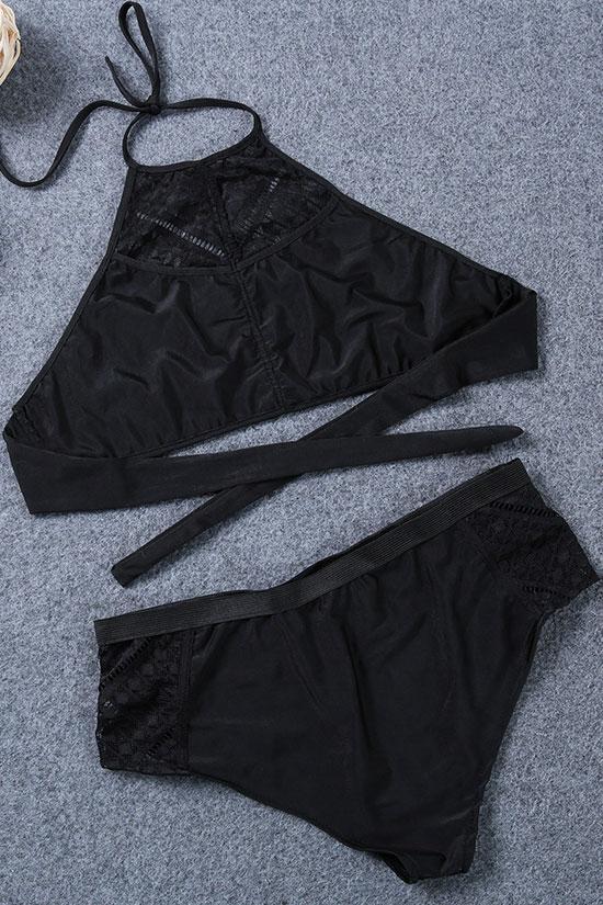 Plus Size High Neck Lace Panel Bikini Swimsuit - Two Piece Set