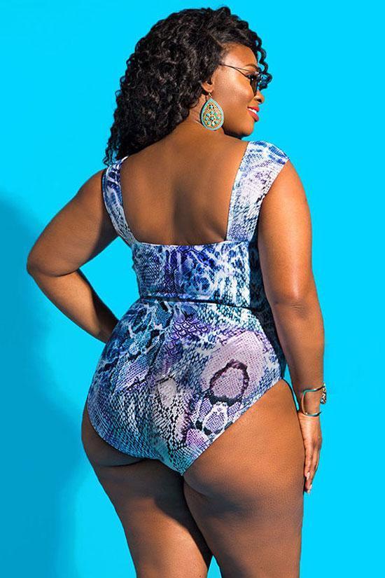 Plus Size High Waisted Snake Printed Hollow Out One Piece Swimsuit