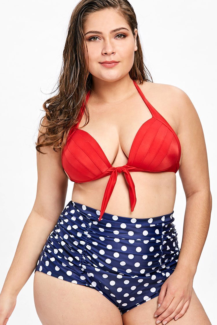 Plus Size Polka Dot Halter Knotted High Waisted Bikini - Two Piece Swimsuit