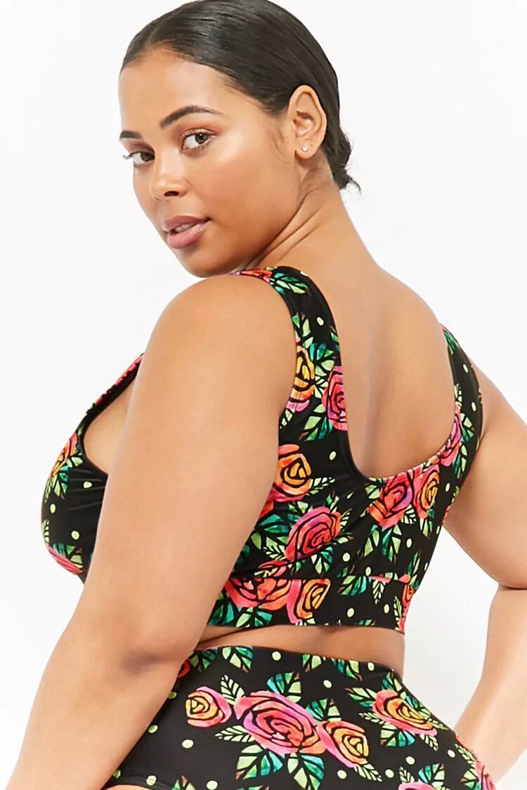 Plus Size Floral High Cut High Waist Tank Crop Bikini - Two Piece Swimsuit