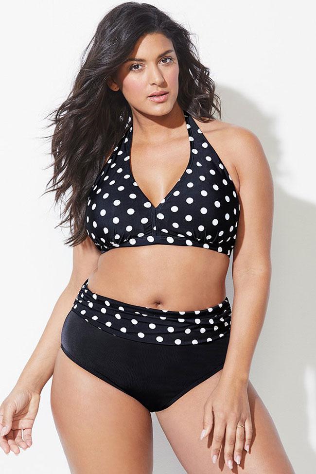 Plus Size Polka Dots High Waist Halter Bikini Swimsuit - Two Piece Set