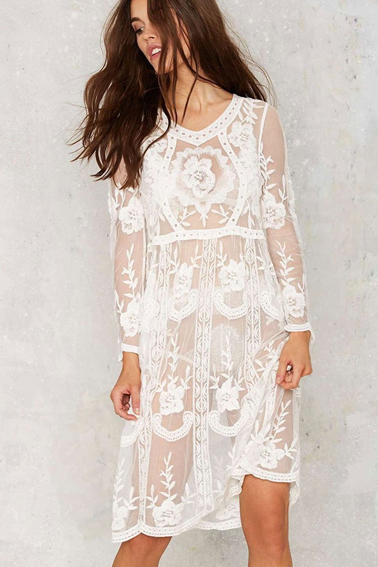Scallop Edge Crochet Floral Sheer Mesh Cover Up Dress