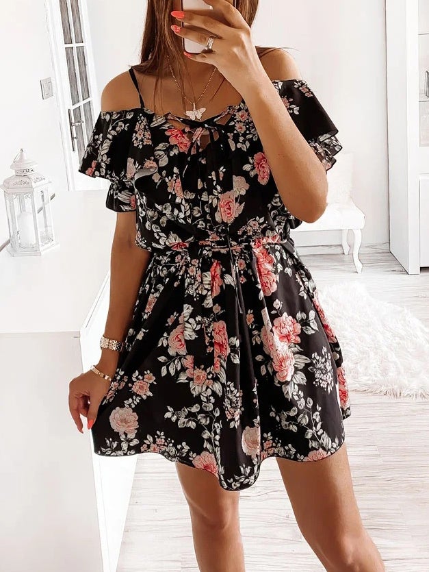 Fashion Floral Print Sling Off Shoulder Mini Dress