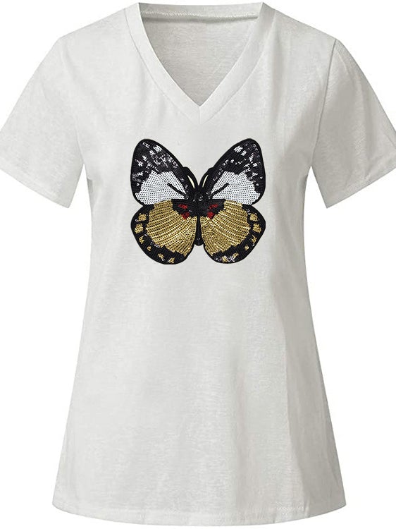 Casual Butterfly Sequin Sewing V Neck T-shirt