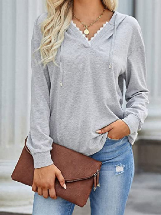 Women's Hoodies Casual Lace V-Neck Long Sleeve Hoodie