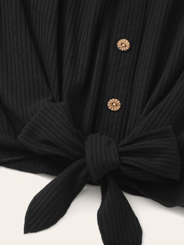 Button Tie Front Rib-knit Bardot Tee