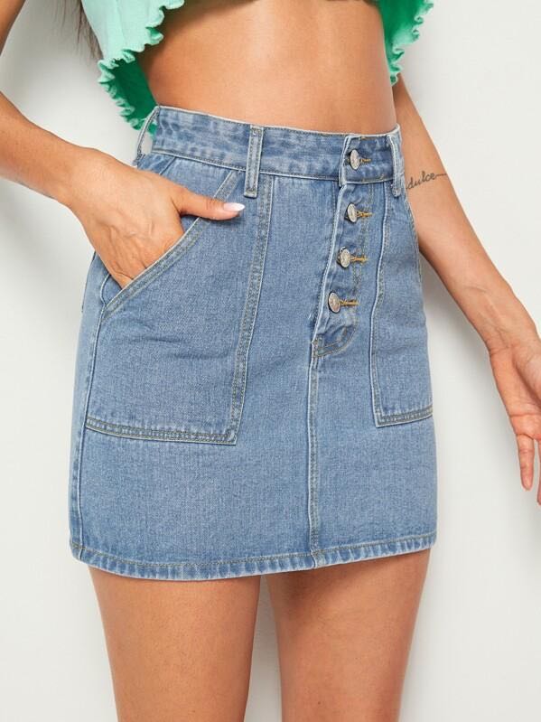 Dual Pocket Button Front Denim Skirt
