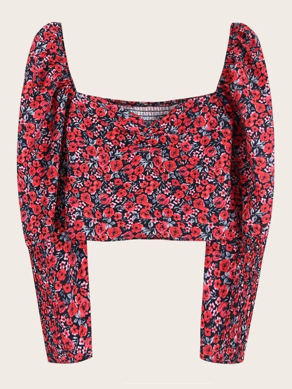 Ditsy Floral Print Sweetheart Neck Shirred Blouse