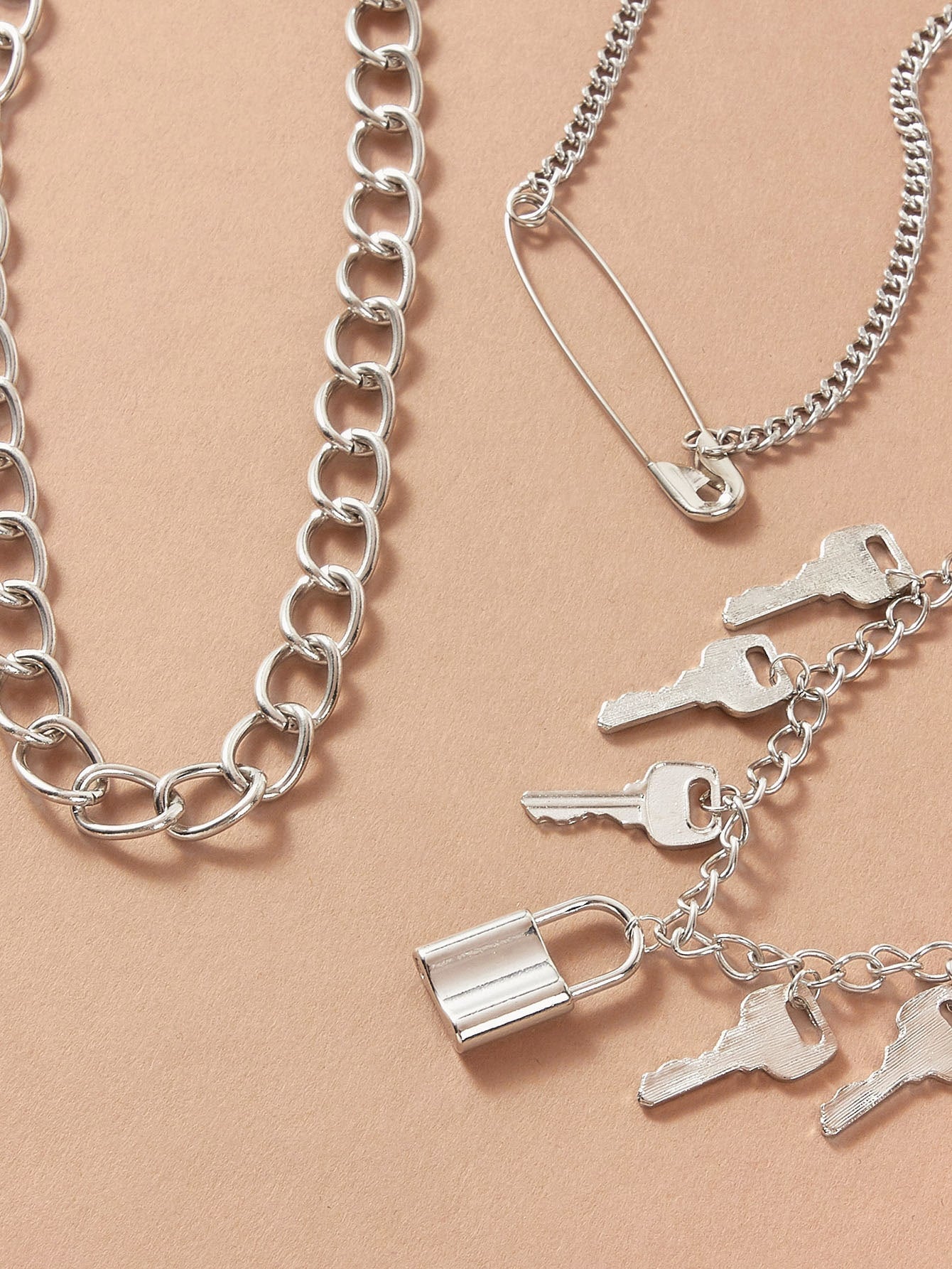 3pcs Lock & Key Charm Chain Necklace