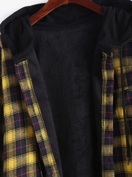 Plaid Button Up Pocket Hooded Coat