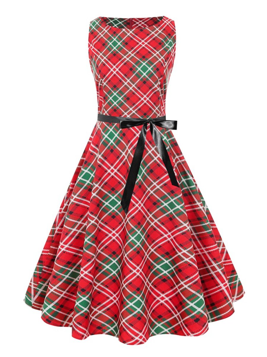Plaid Dress Vintage Hepburn Sleeveless Christmas Printed Bowknot Swing Dress