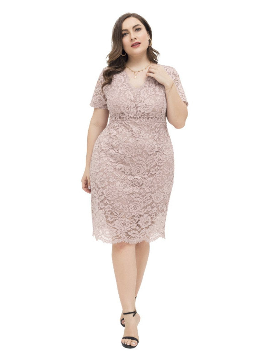 Plus Size Dresses Lace Floral V-Neck Short Sleeve Bodycon Dress