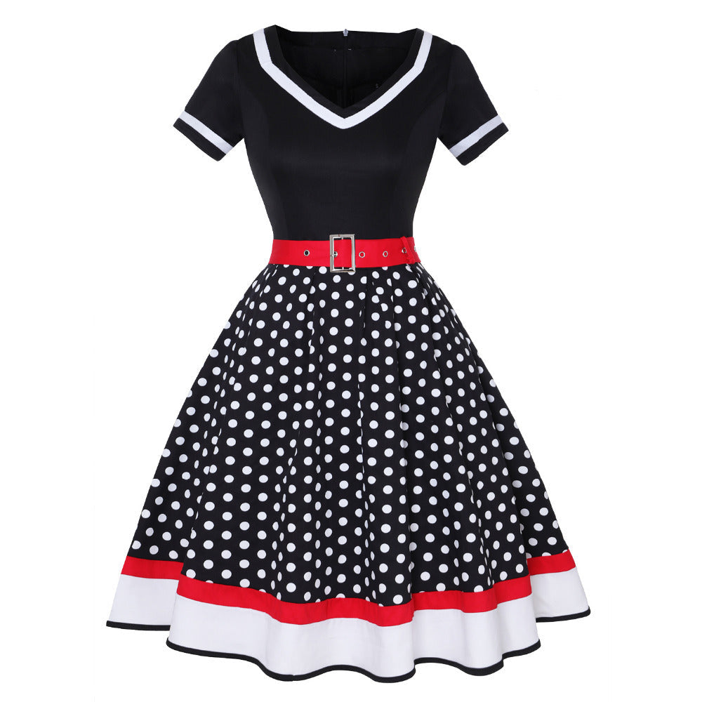 Plus Size Women Polka Dot Print Vintage Dress V-Neck Short Sleeve Belt Hepburn Dress