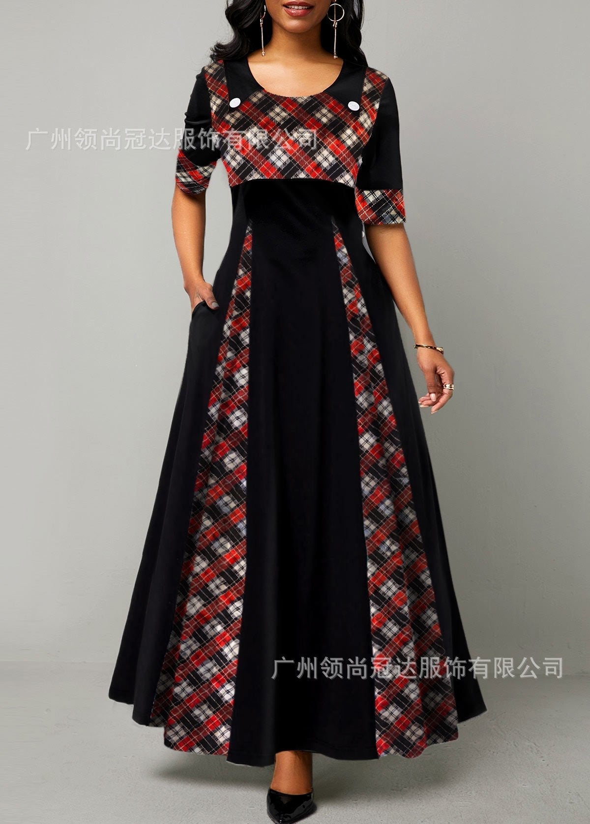 Plus Size Dresses Plaid Floral Patchwork Half Sleeve Maxi Dress