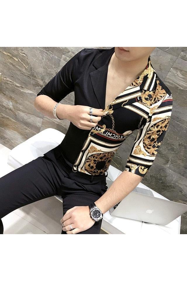 Printed Short Sleeve  Sleeve Slim Fit Streetwear Camisa Masculina Men Shirt 3XL-M