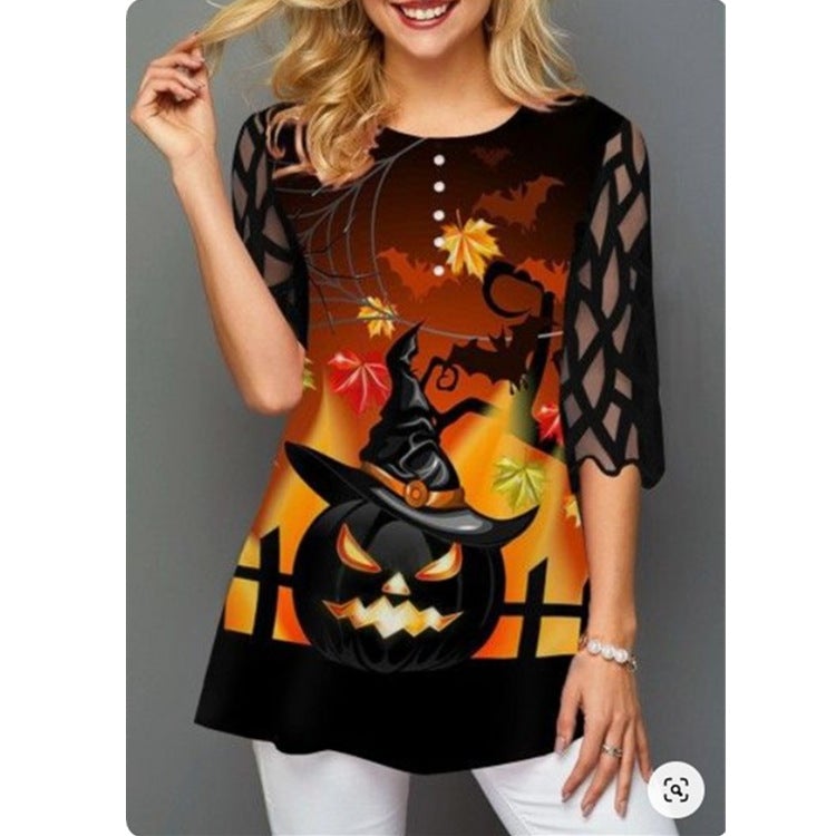 Plus Size Tops Hallpween Pumpkin Print Lace Long Sleeve Button Blouse Top