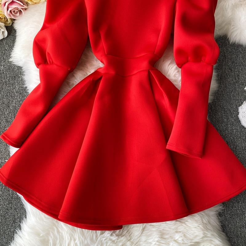 Red Christmas Dress Puff Sleeve Turtleneck Party Swing Dress