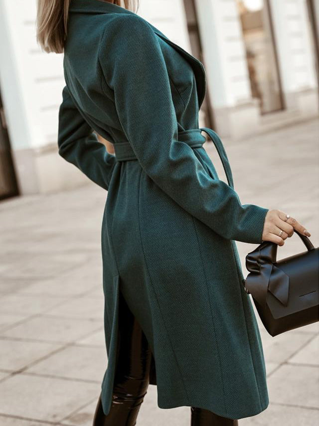 Women's Coats Fashion Belted Long Sleeve Long Woolen Coat