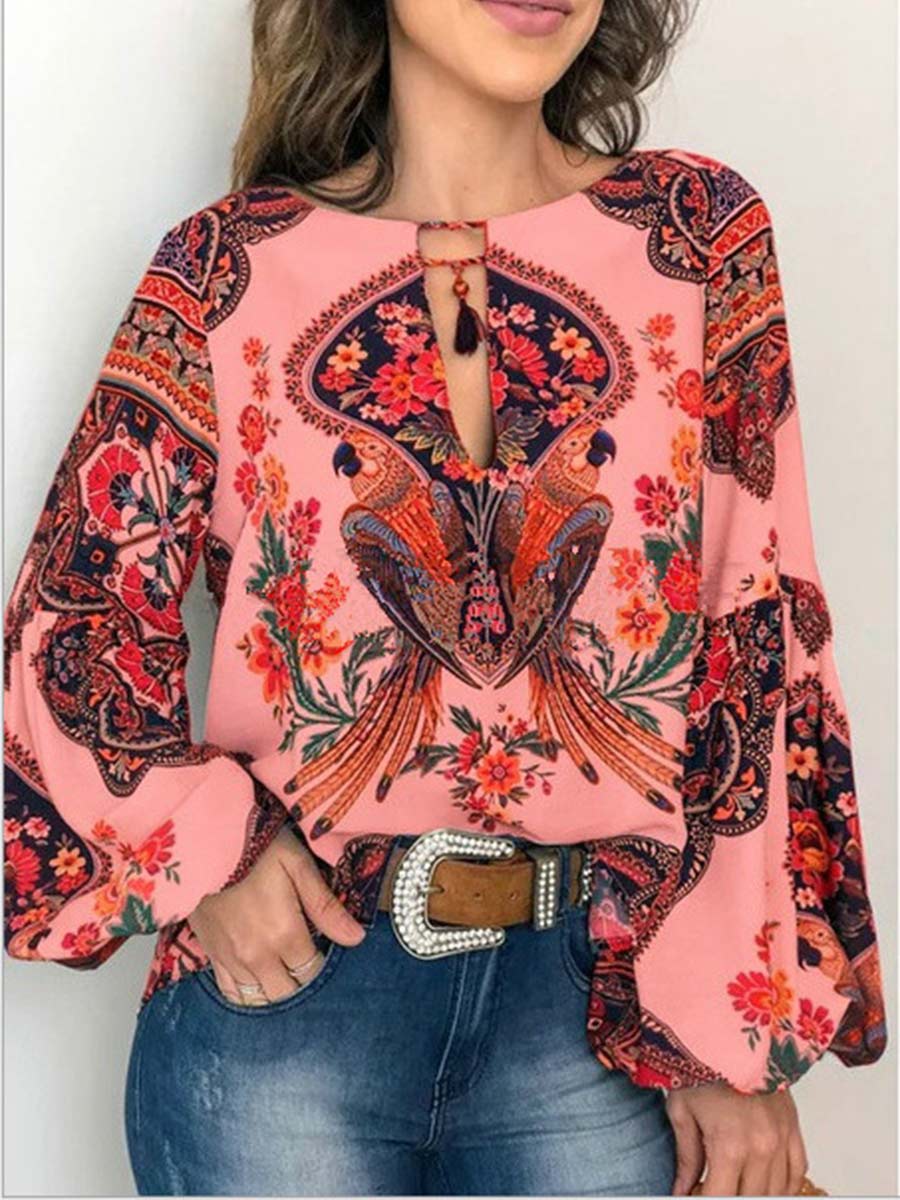 Plus Size Blouse For Women Floral Print Round Neck Bishop Sleeve Top