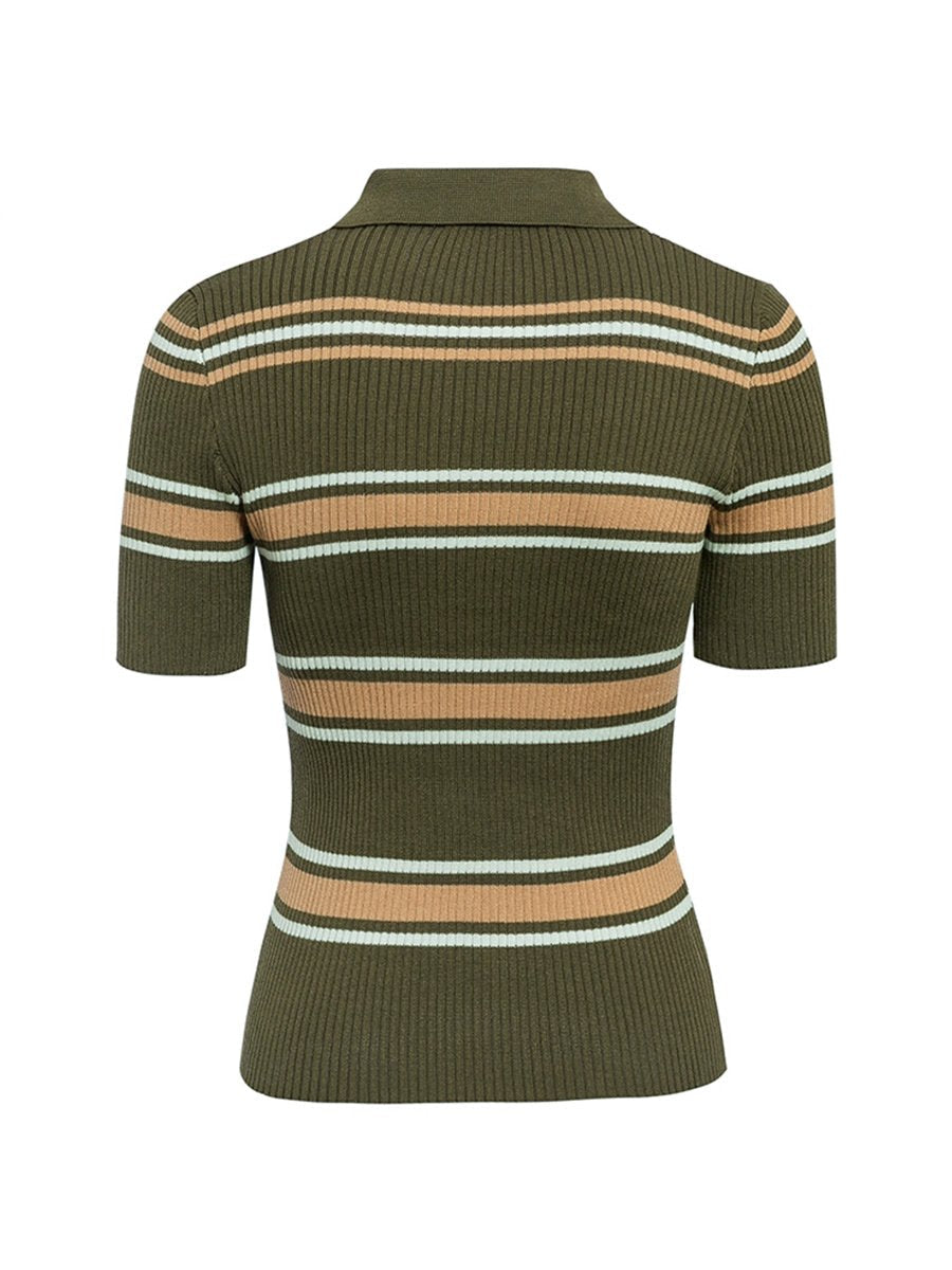Retro Knitted Sweater Slim Striped Multicolor Polo Shirt