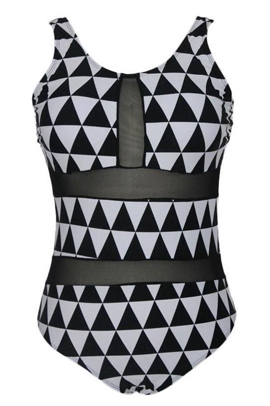 Plus Size Monochrome Triangle Printed Mesh Insert One Piece Swimsuit