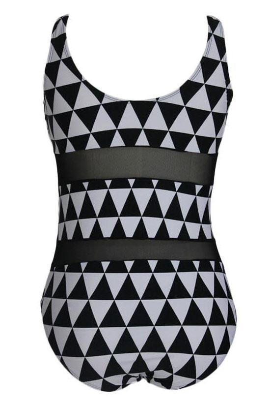 Plus Size Monochrome Triangle Printed Mesh Insert One Piece Swimsuit