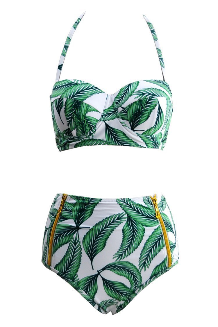 Plus Size Tropical Palm Leaf High Waisted Bikini  - Two Piece Swimsuit