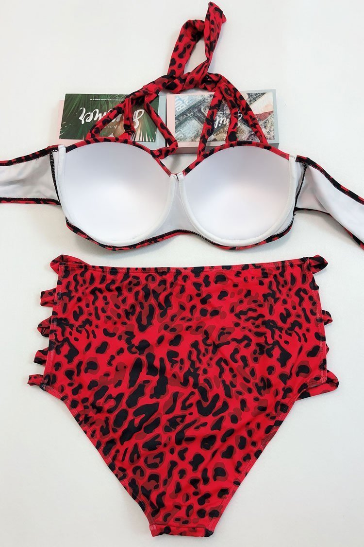 Plus Size Leopard Strappy Halter Bikini - Two Piece Swimsuit