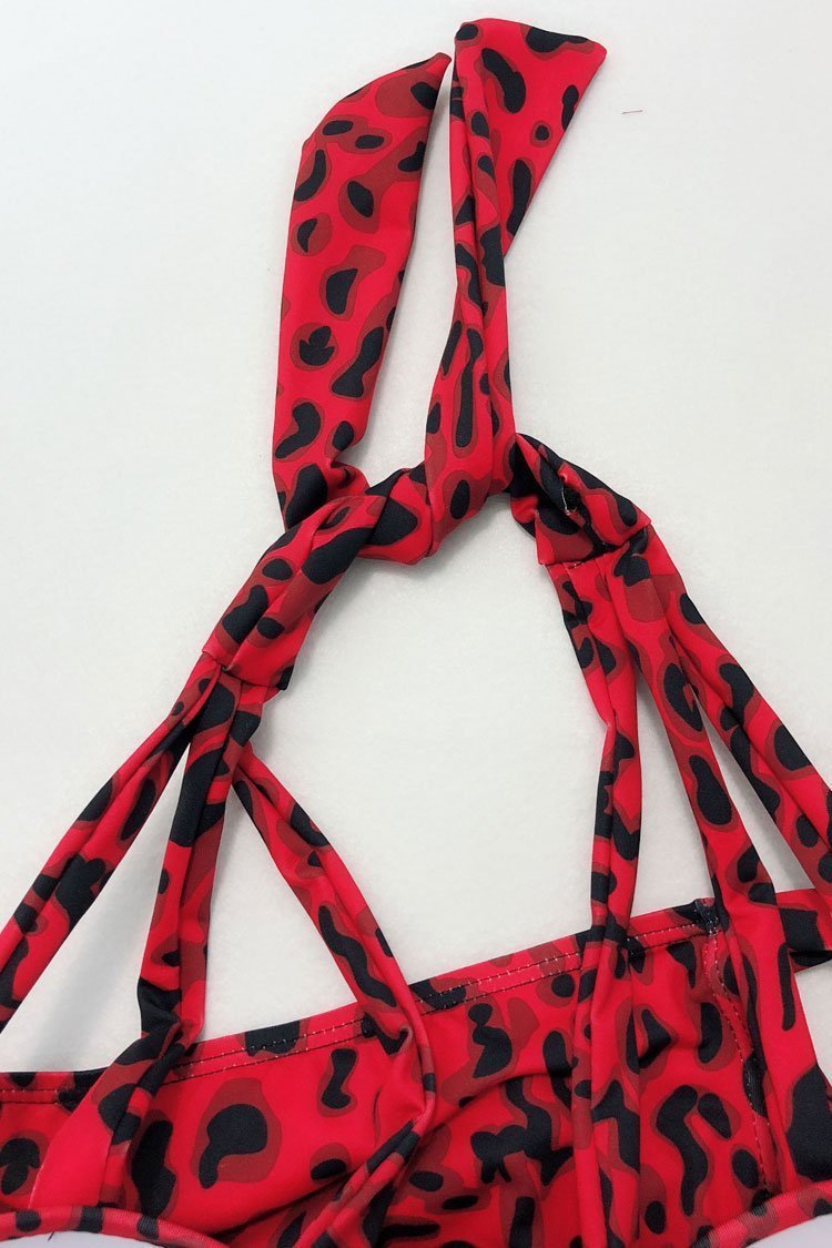 Plus Size Leopard Strappy Halter Bikini - Two Piece Swimsuit