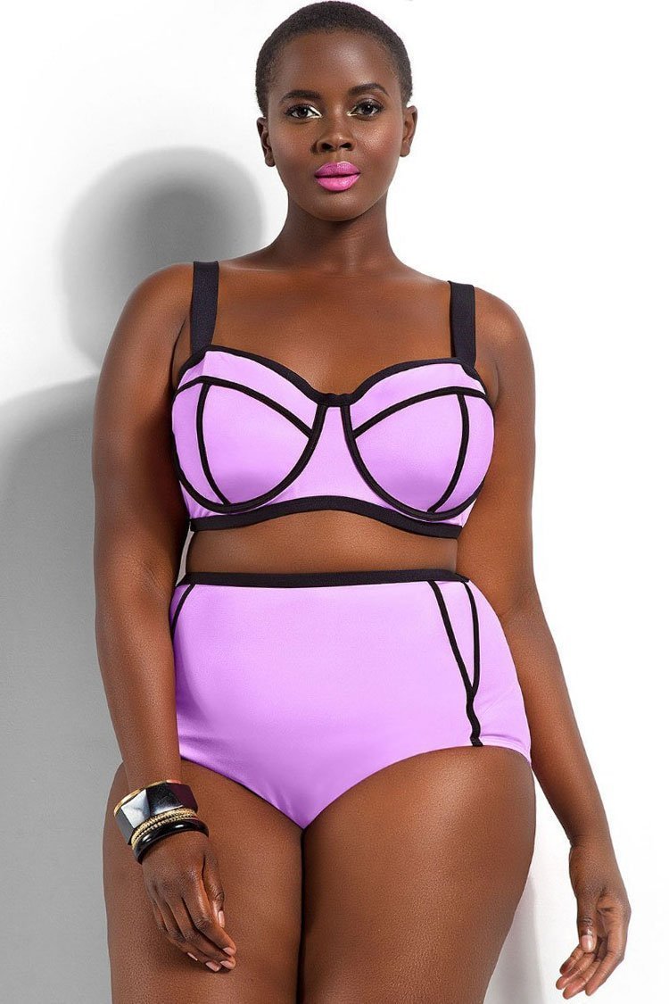 Plus Size Contrast Color Binding High Rise Bikini - Two Piece Swimsuit