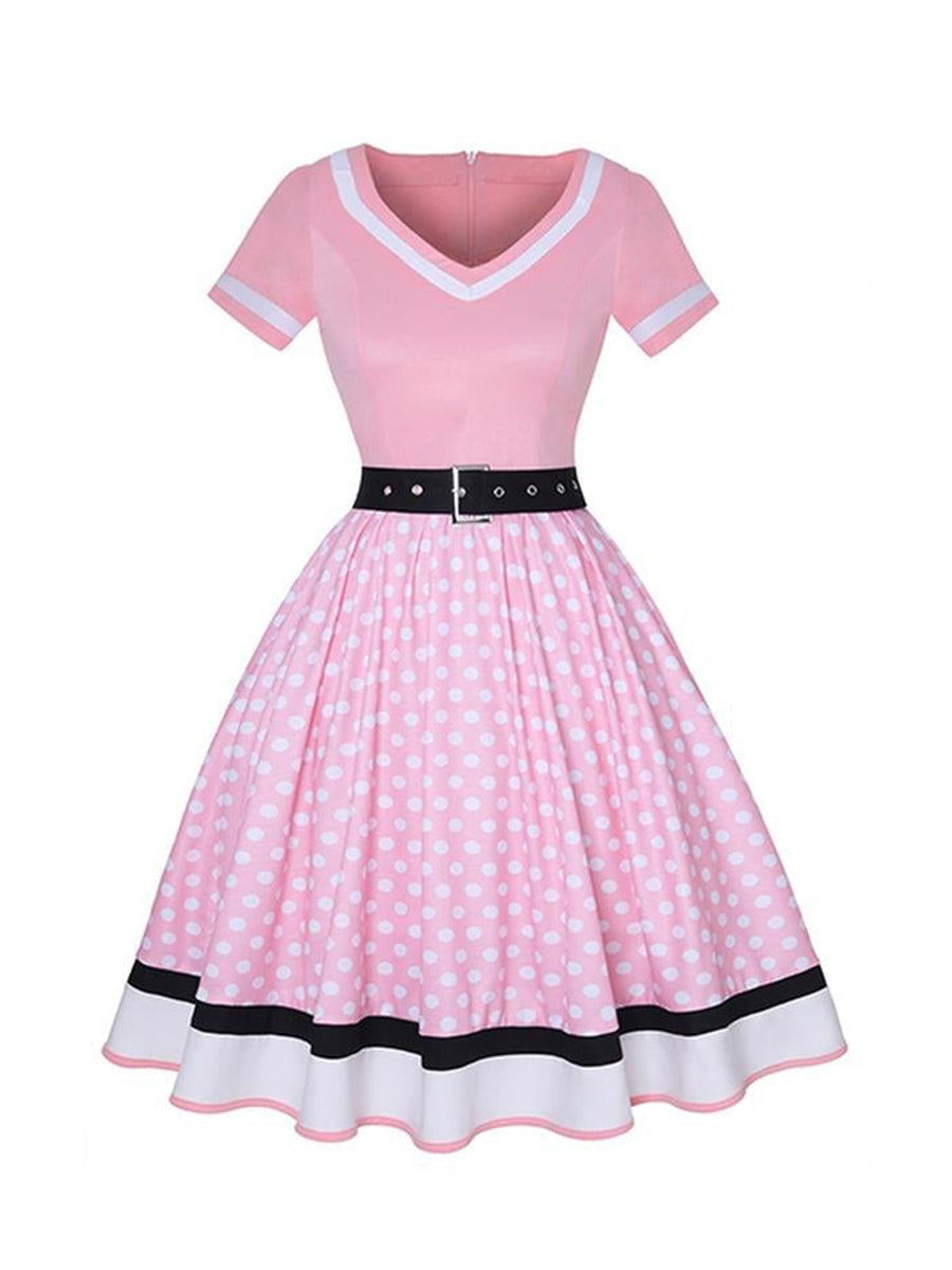 Plus Size Women Polka Dot Print Vintage Dress V-Neck Short Sleeve Belt Hepburn Dress