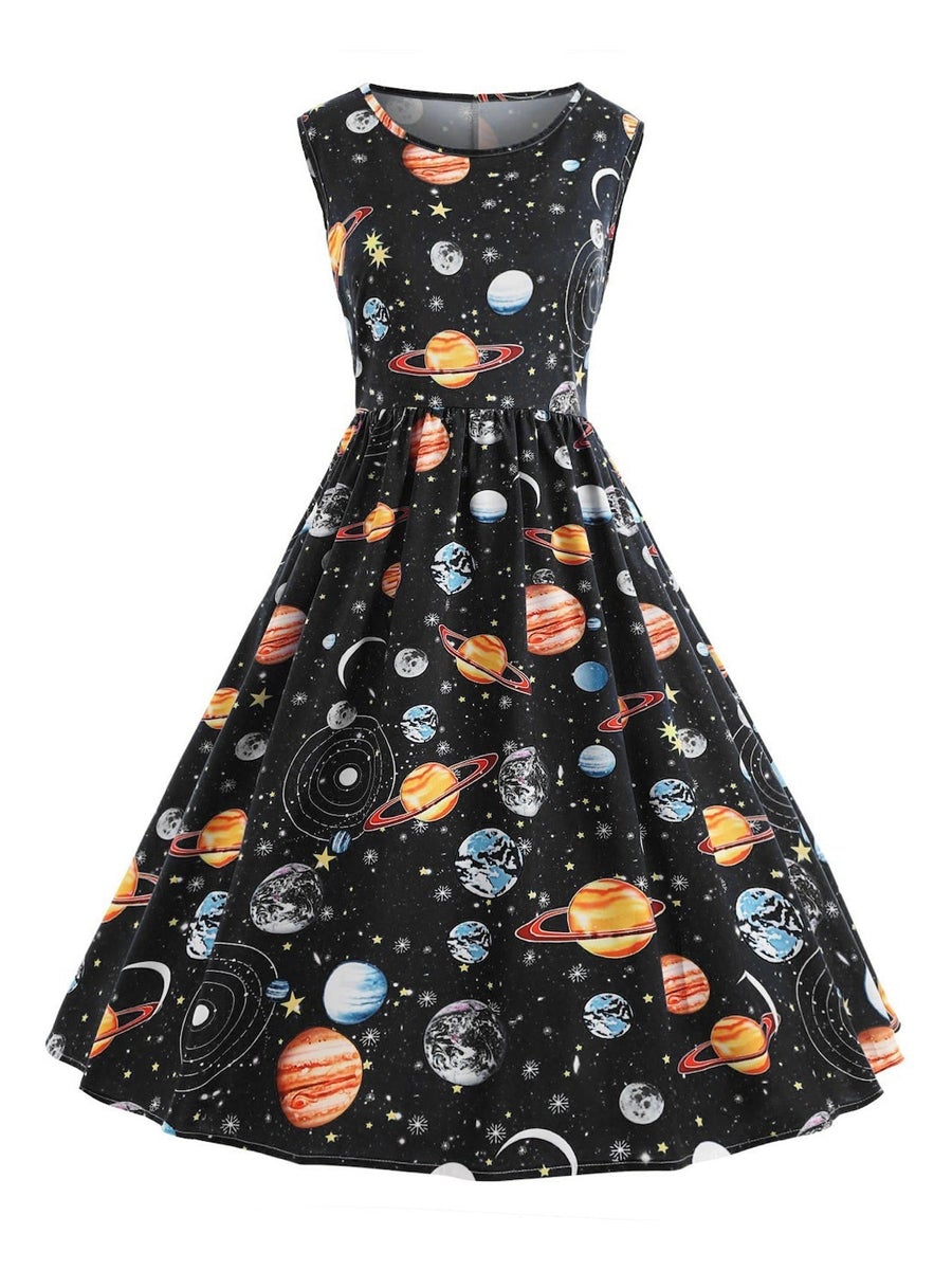 Plus Size Swing Dress Round Neck Sleeveless Planet Printing Midi Dress