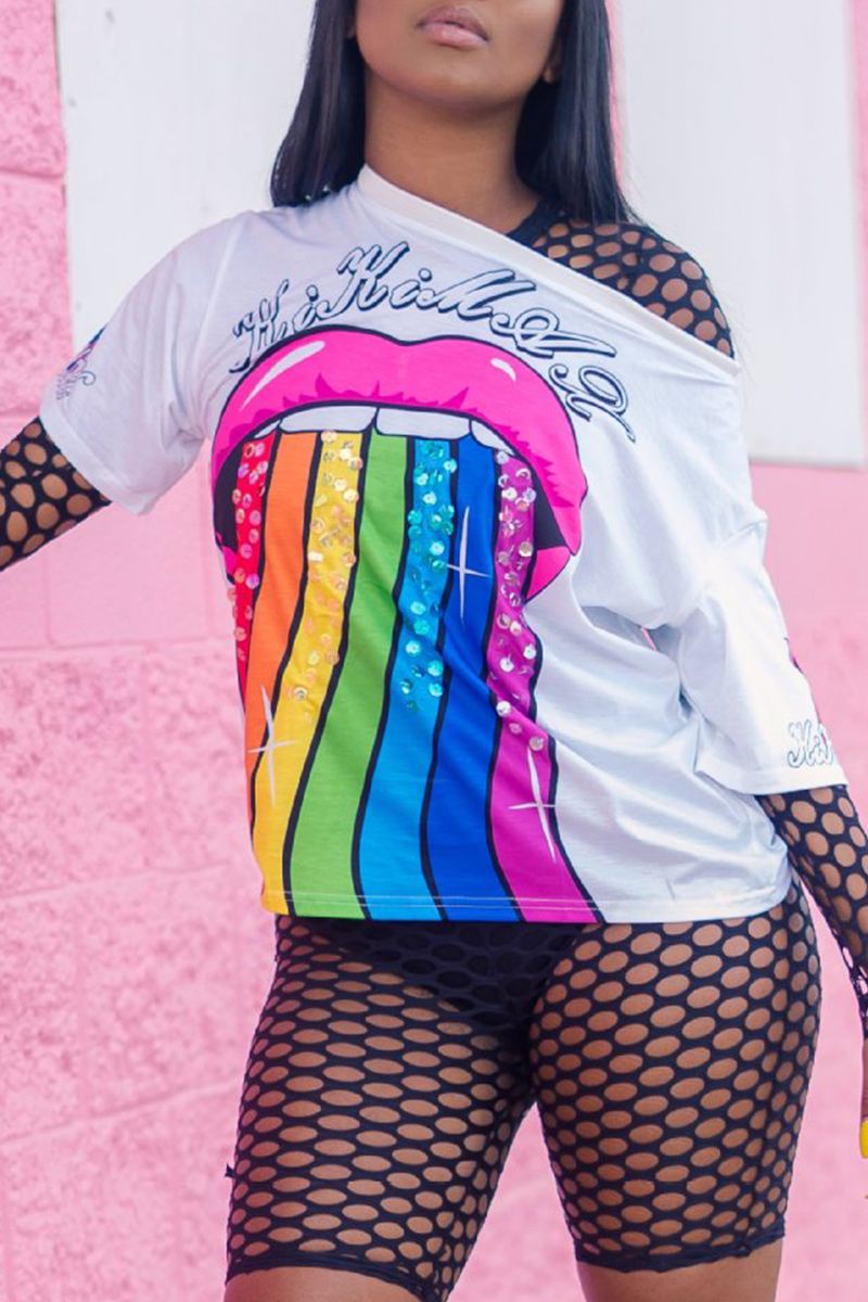 Rainbow Stripe & Lips Print T-Shirt