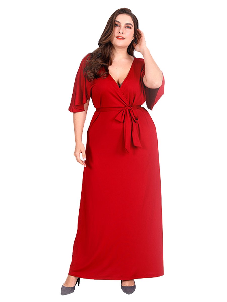 Plus Size Dresses Red Cape Sleeve Deep V-Neck Sexy Swing Dresses