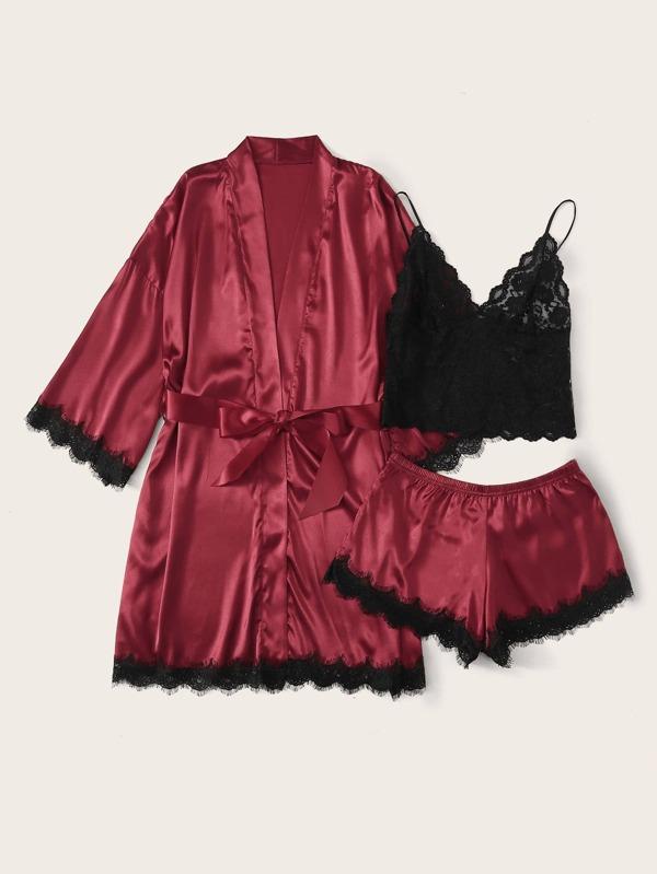3pack Contrast Lace Satin Lingerie Set & Belted Robe - INS | Online Fashion Free Shipping Clothing, Dresses, Tops, Shoes