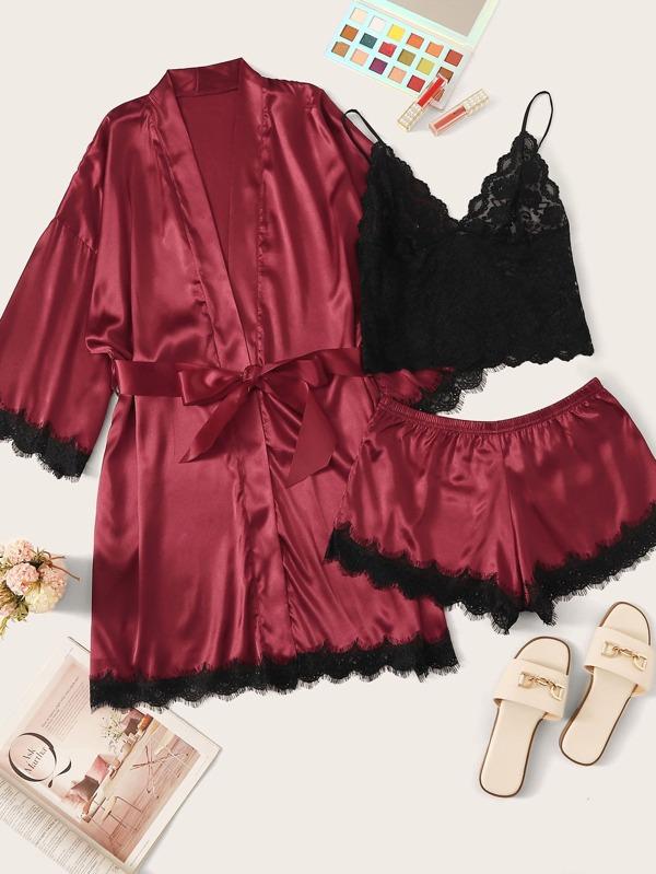 3pack Contrast Lace Satin Lingerie Set & Belted Robe - INS | Online Fashion Free Shipping Clothing, Dresses, Tops, Shoes