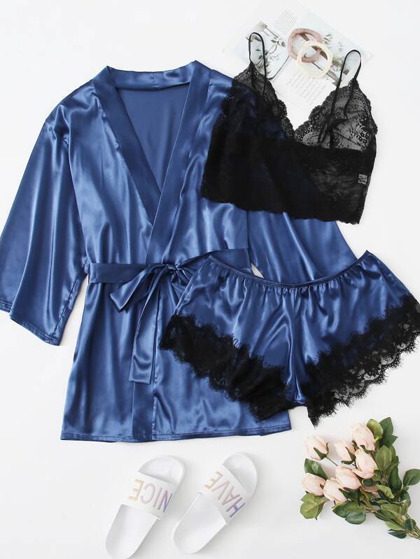 3pack Plus Contrast Lace Satin Lingerie Set & Robe - INS | Online Fashion Free Shipping Clothing, Dresses, Tops, Shoes