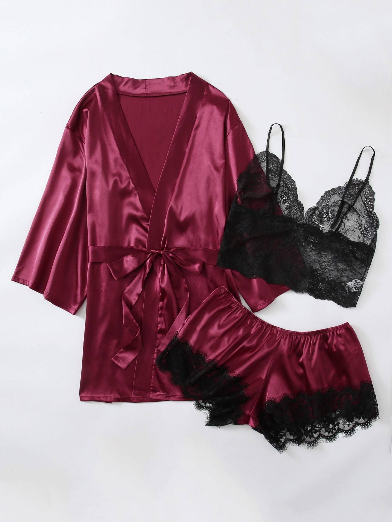 3pack Plus Contrast Lace Satin Lingerie Set & Robe - INS | Online Fashion Free Shipping Clothing, Dresses, Tops, Shoes