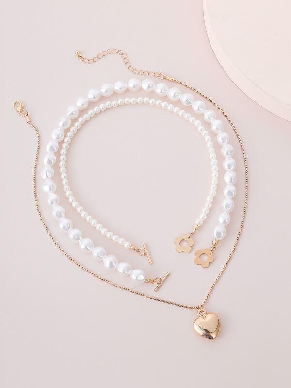 3pcs Faux Pearl Heart Decor Necklace - INS | Online Fashion Free Shipping Clothing, Dresses, Tops, Shoes