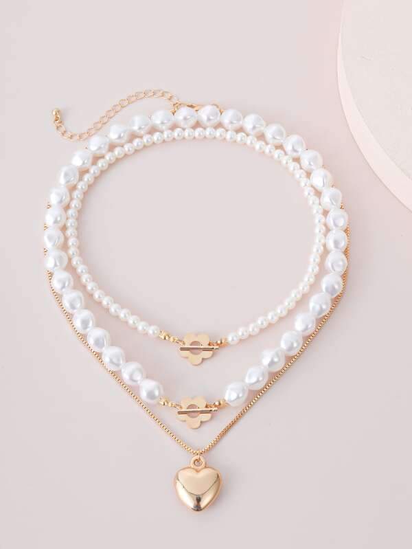 3pcs Faux Pearl Heart Decor Necklace - INS | Online Fashion Free Shipping Clothing, Dresses, Tops, Shoes