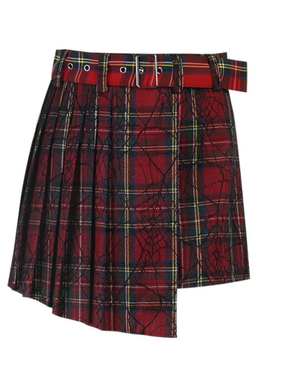 Pleated Plaid Skirt For Women Irregular High Waist Gothic Skirt