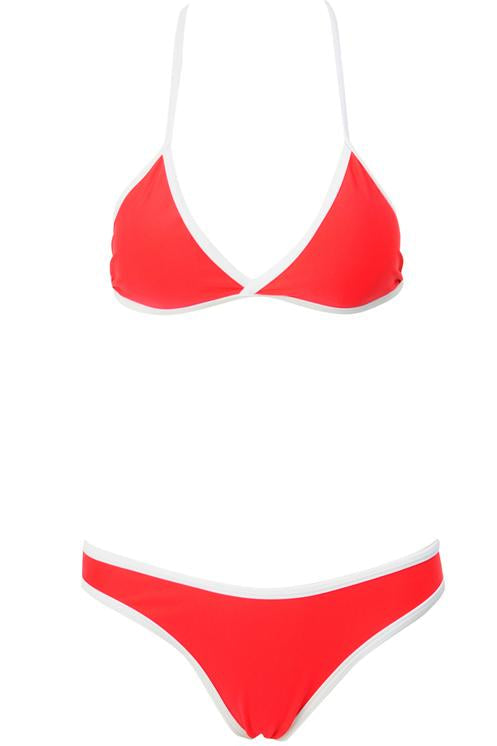 Red Triangle Contrast Trim High Cut Brazilian Bikini Swimsuit